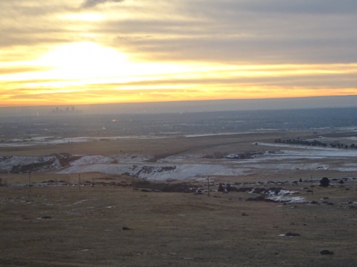 Sunrise over Denver from the train Downtown Denver view from the train