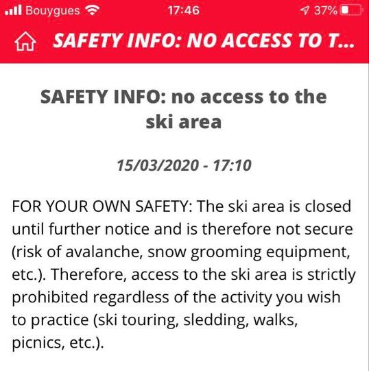 Ban on using the ski area in Tignes, 16 March 2020