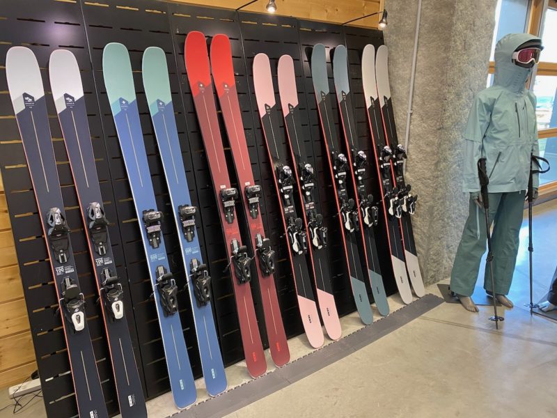 Coloursful display of lined up skis