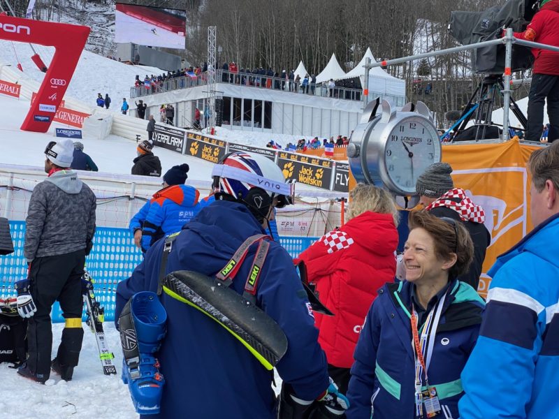 Dave Ryding speaking to a fan at the world cup slalom competition in Chamonix
